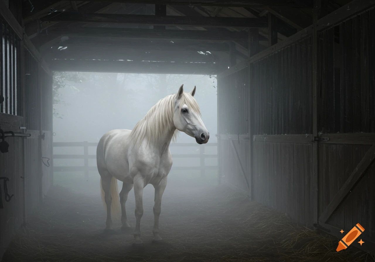 A white mare stands in a foggy stable.