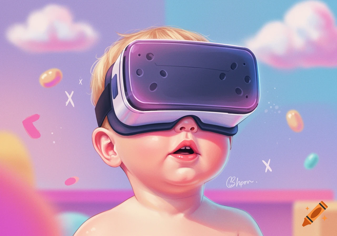 Illustration of a baby wearing a VR headset in a colorful, whimsical setting.