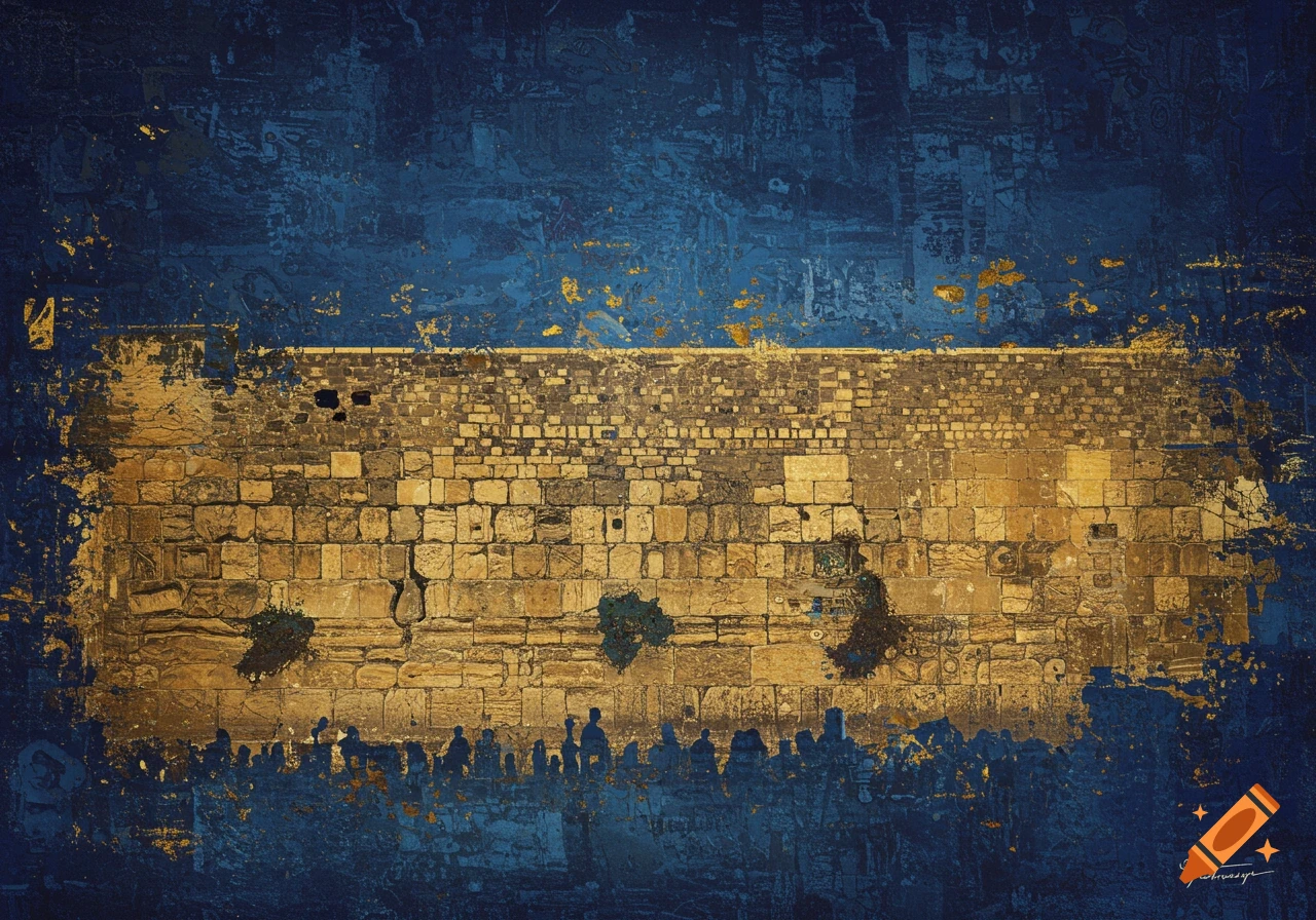 Abstract depiction of a stone wall resembling the Western Wall with figures and a textured blue background.