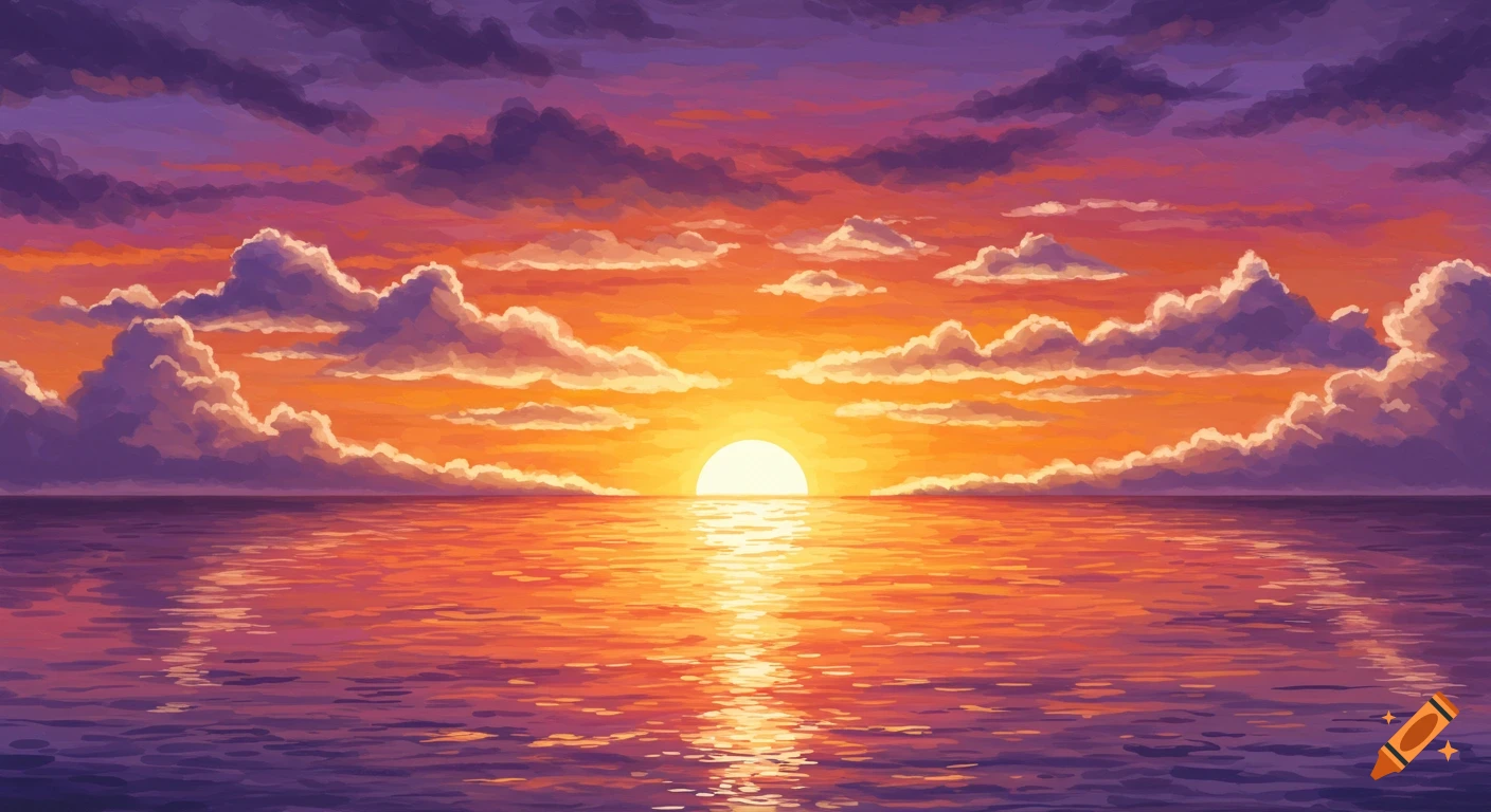 Stylized sunset over the ocean with dramatic clouds