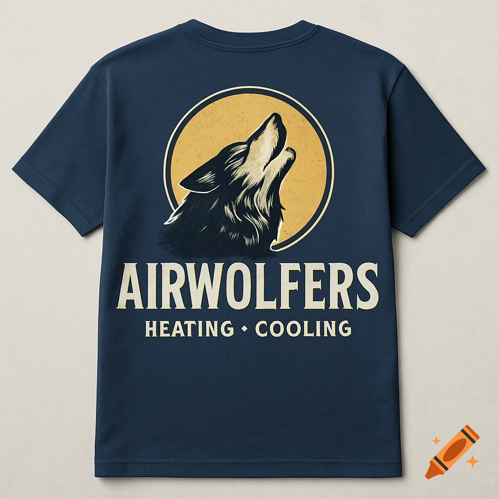 Dark blue t-shirt with a wolf howling in a yellow circle and the text Airwolfers Heating Cooling.