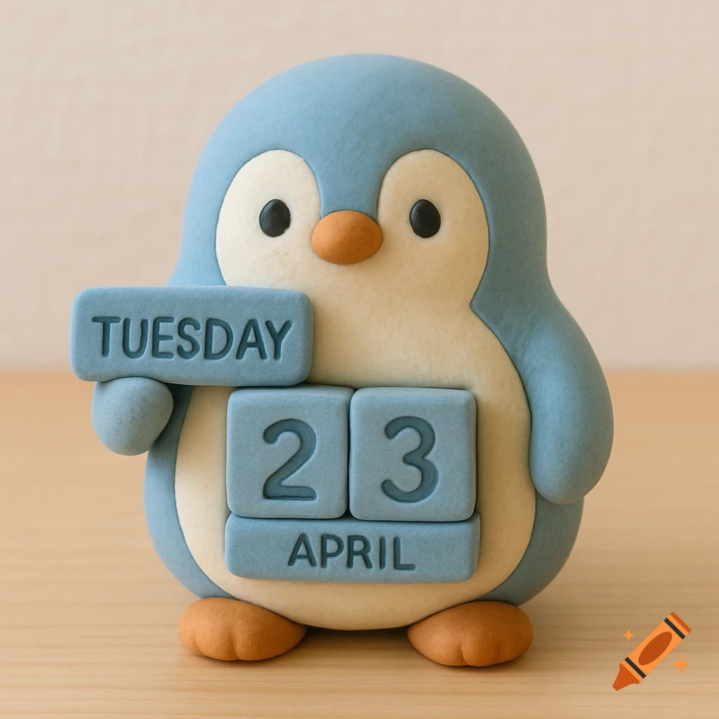 A cute clay penguin holding a block that says TUESDAY, with blocks on its belly saying 23 APRIL.