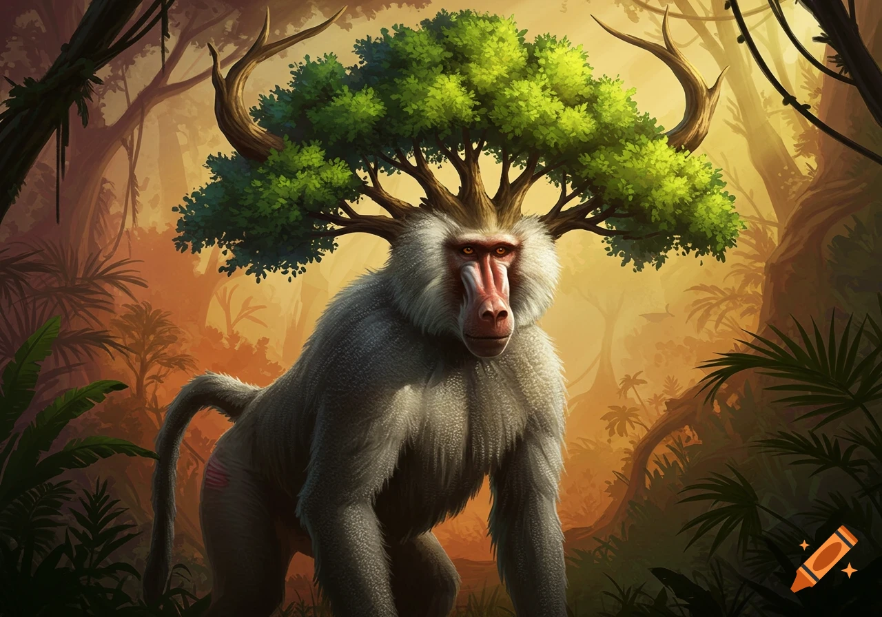A fantasy illustration of a baboon-like creature with a tree growing from its head, standing in a jungle.