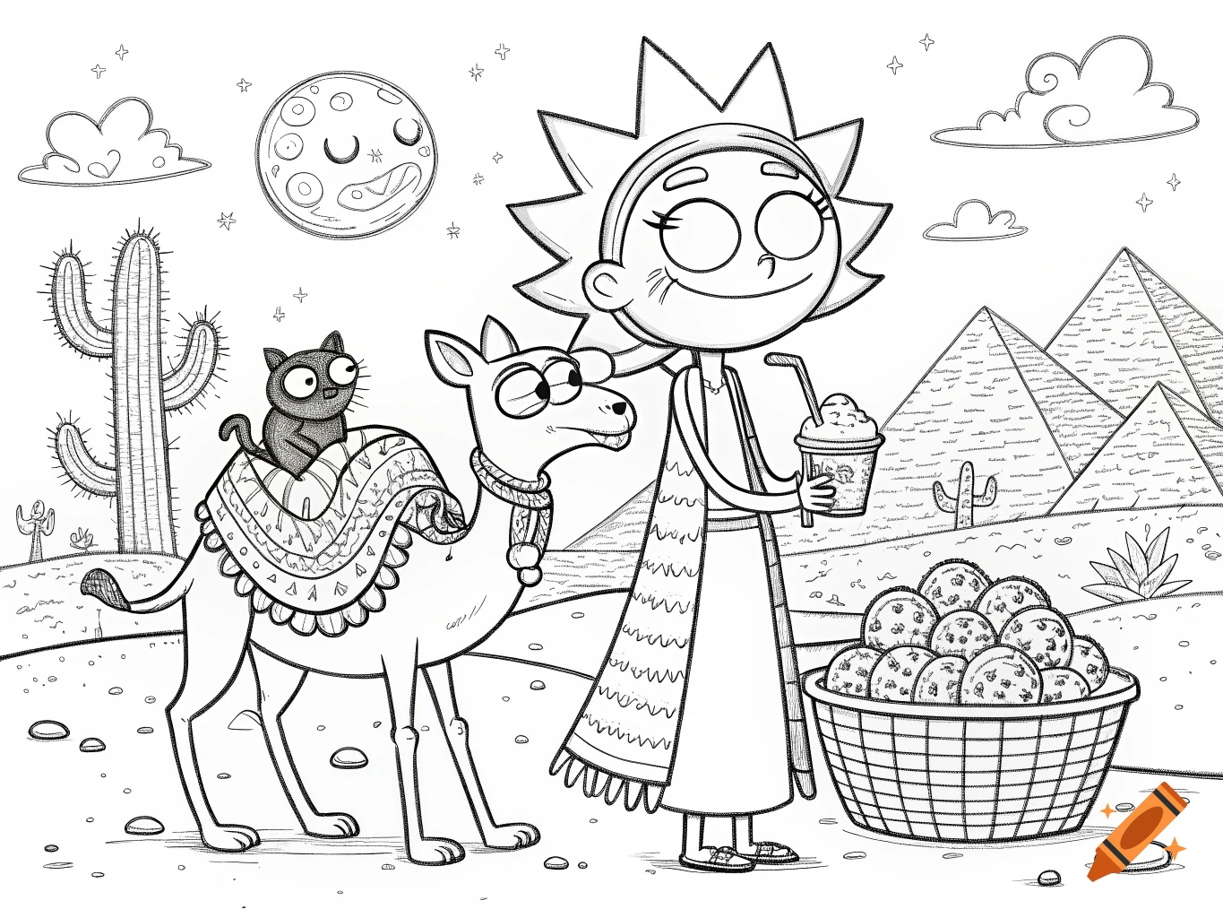Black and white line art coloring page of cartoon characters with a cat on a camel, and a character holding a drink, in a desert with pyramids.