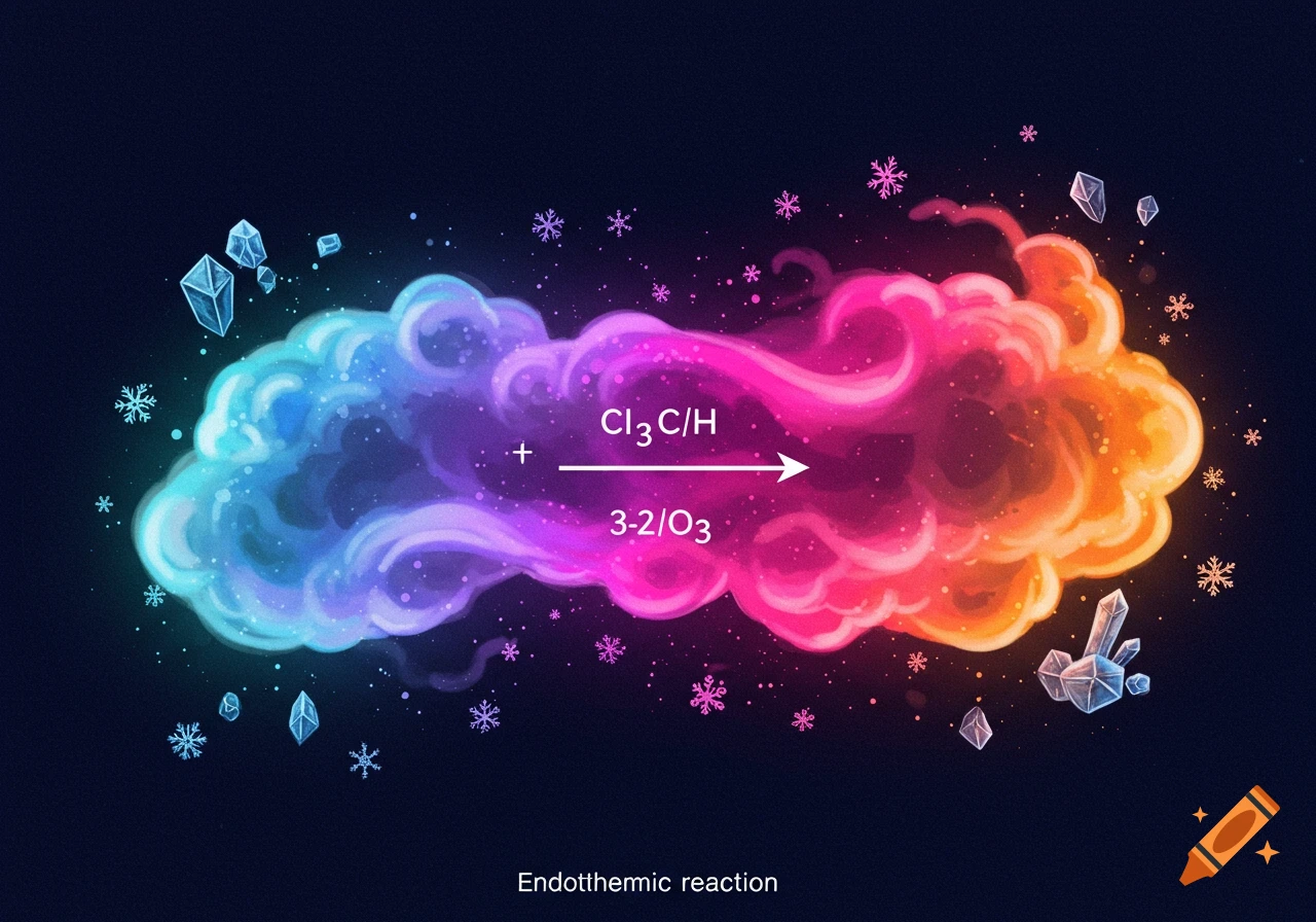 Colorful smoke cloud transforms from blue to orange with crystals and snowflakes, depicting a chemical reaction diagram.