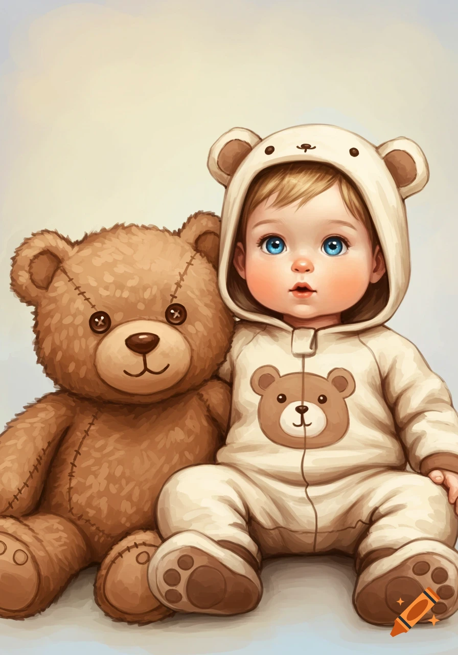 A baby in a bear sleeper sitting with a teddy bear.
