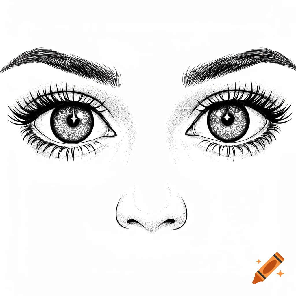 A black and white drawing of eyes with swirling, star-like pupils and eyebrows, with the top of a nose visible below.
