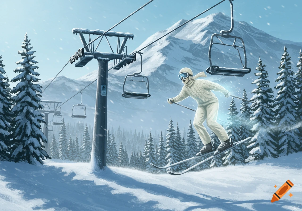 A ghostly figure skis down a snowy mountain next to a ski lift.