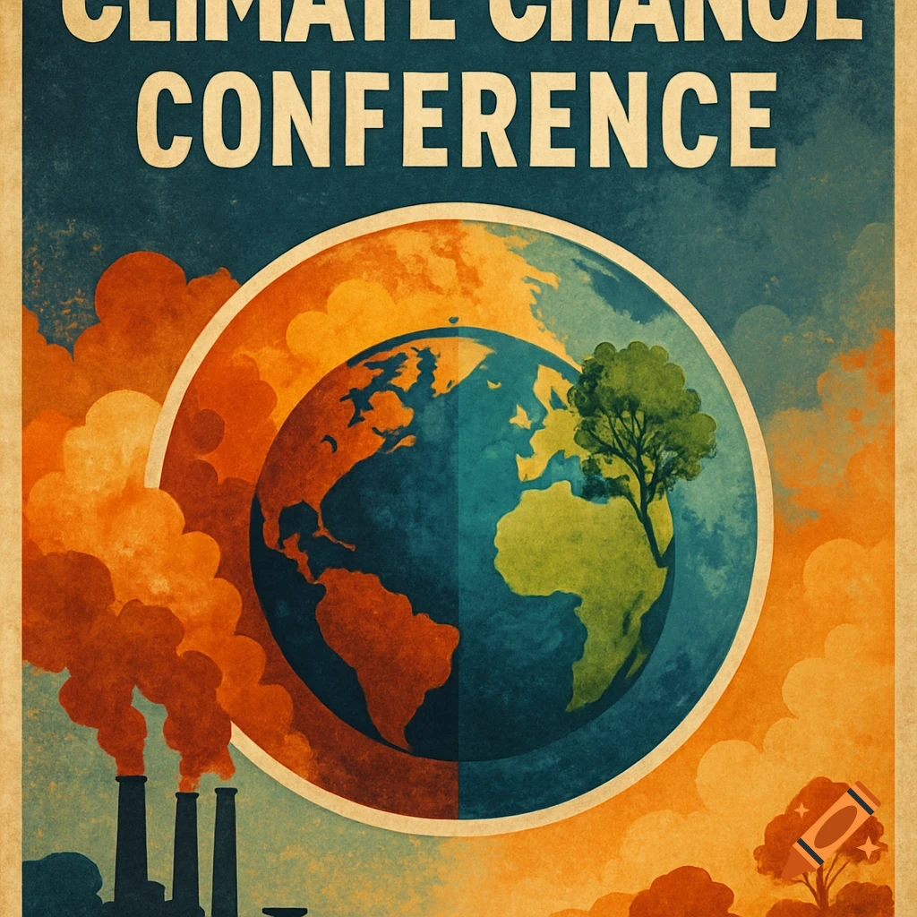 Vintage poster shows earth affected by pollution and nature, text reads 'CLIMATE CHANGE CONFERENCE'.