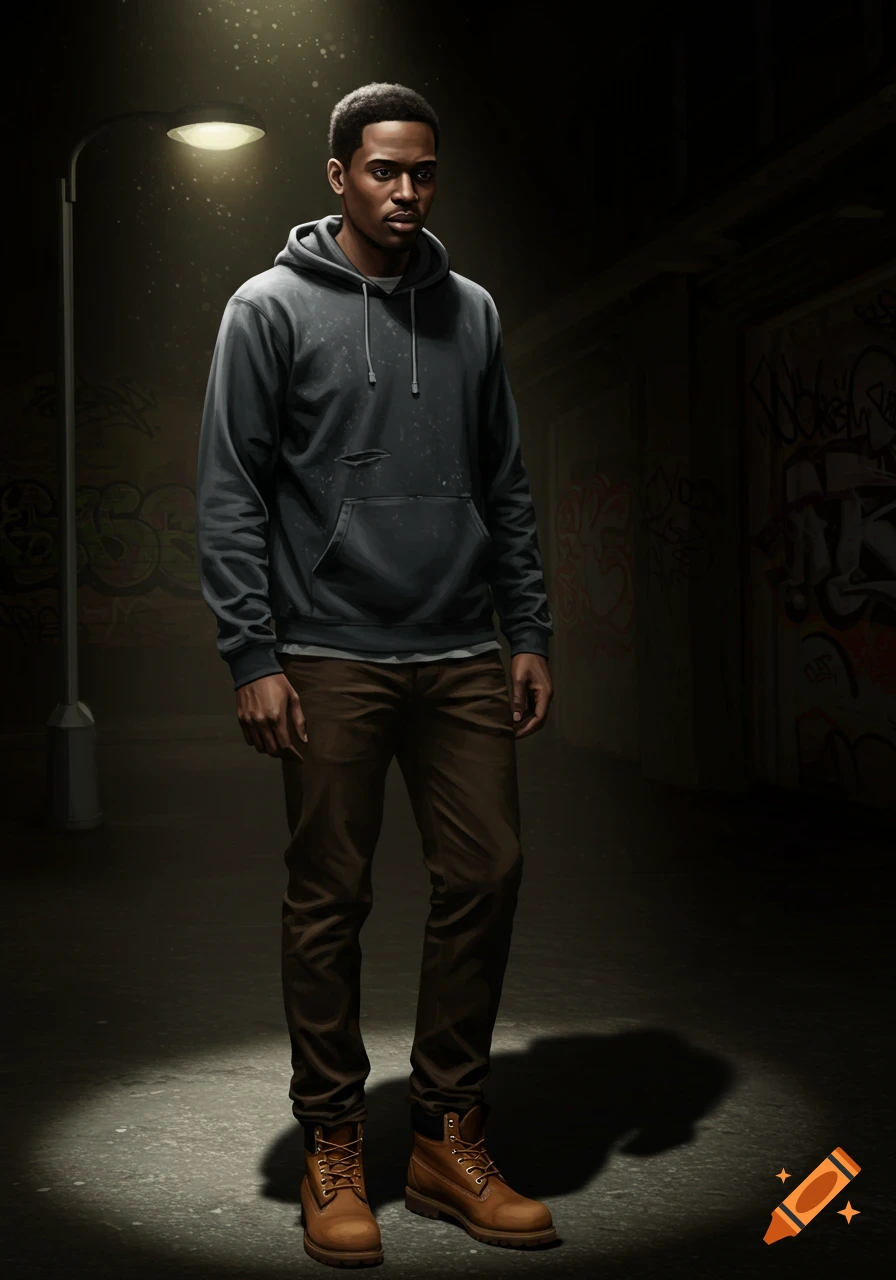 A Black man in a grey hoodie stands under a street light in an alley with graffiti.