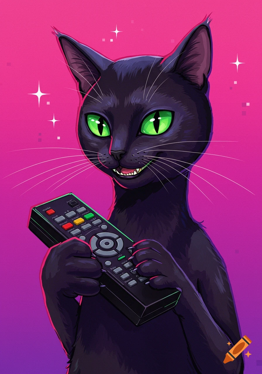 a black cat with green eyes holding a remote control
