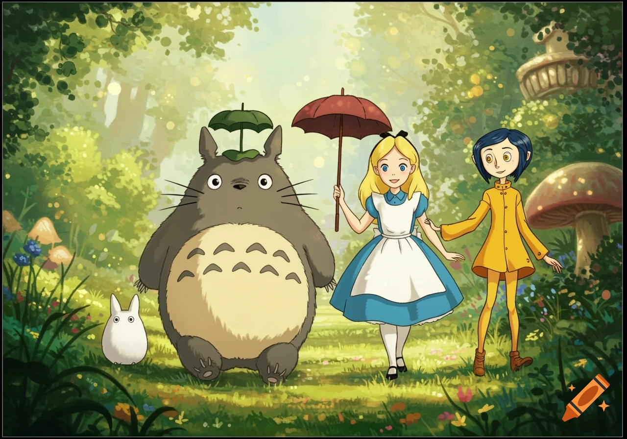 Totoro, Alice, and Coraline walk through a sunlit forest illustration.