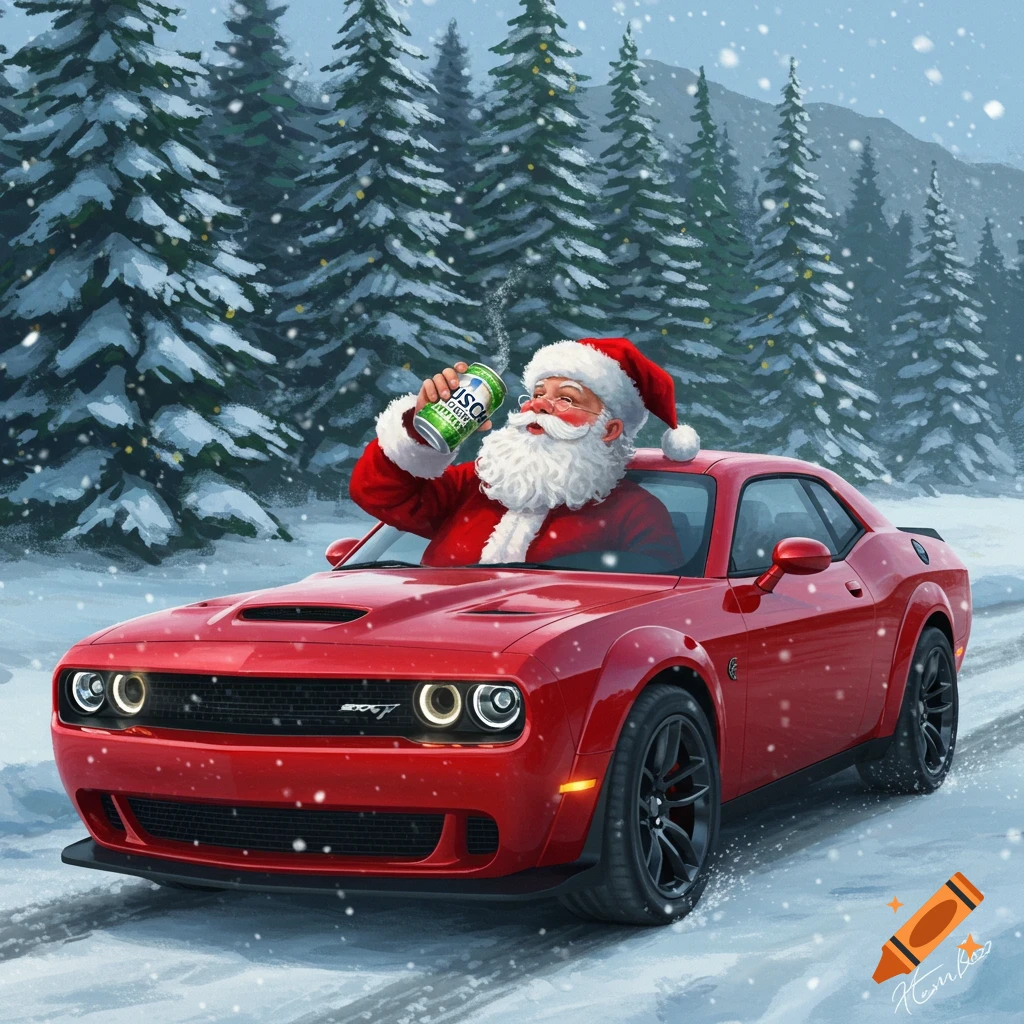 Santa Claus drives a red sports car in the snow and drinks from a can.