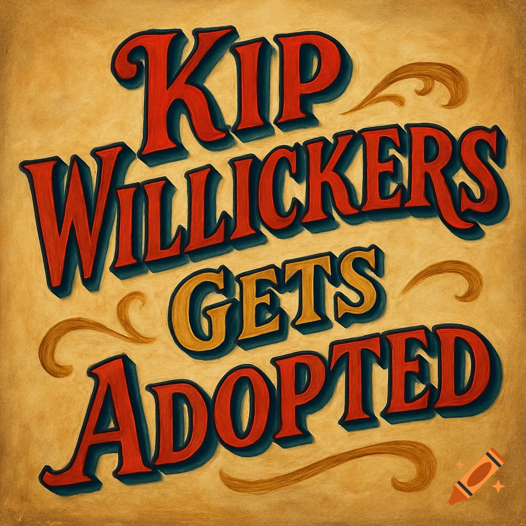 Old-school style text 'Kip Willickers Gets Adopted' in red and gold on a textured background.