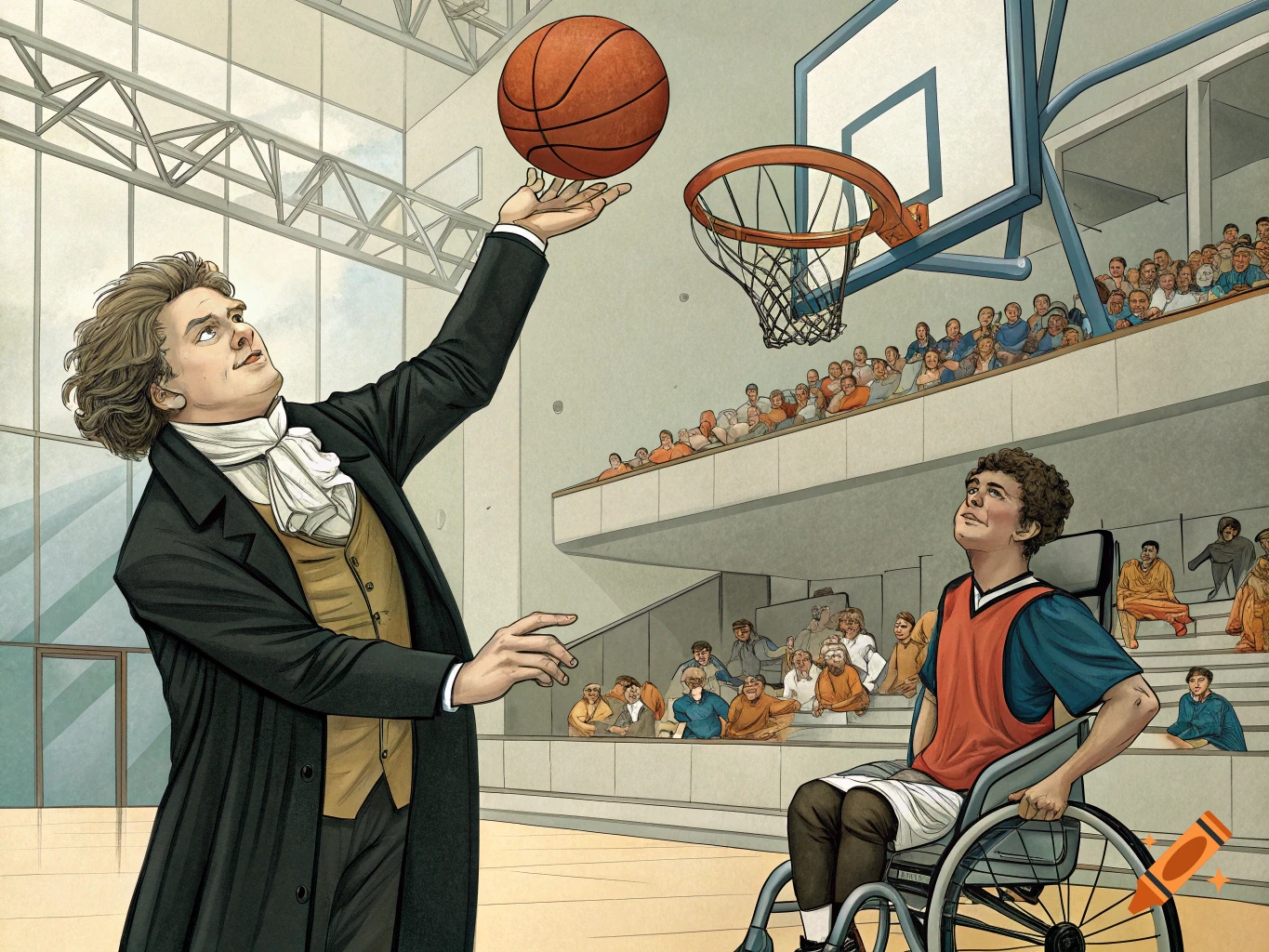 Historical figure in suit plays basketball with person in wheelchair in a gym.