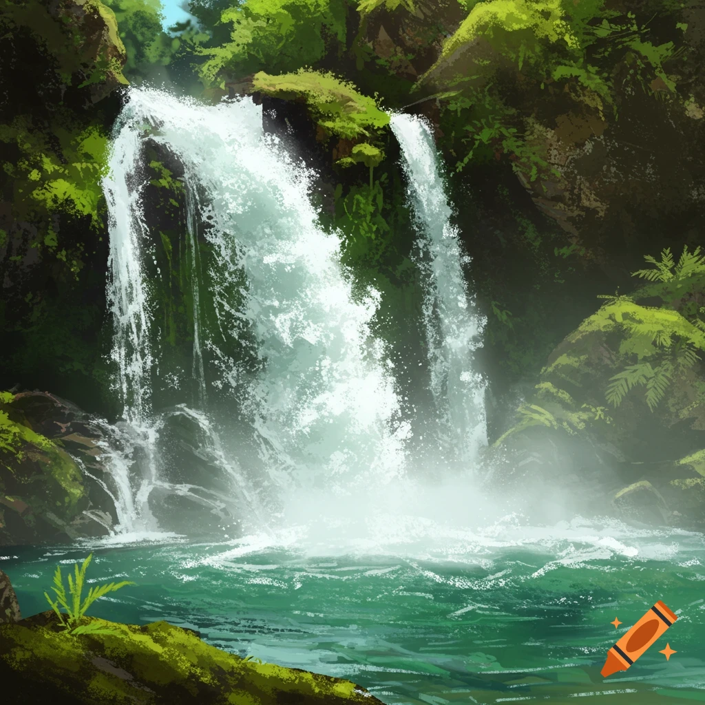 A rushing waterfall cascading down rocks into a teal pool surrounded by green forest.
