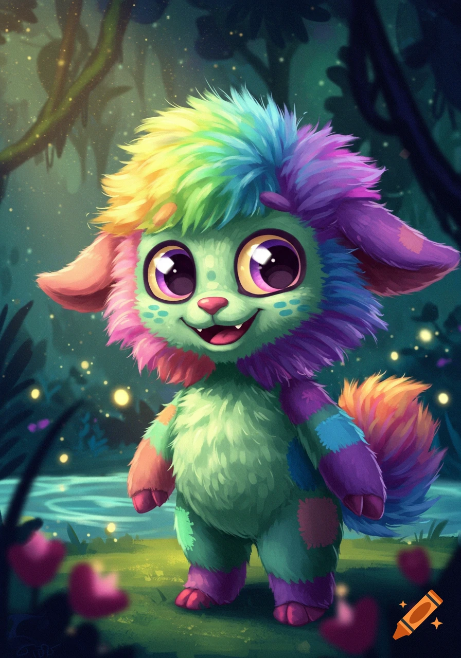 A brightly colored furry creature with large eyes stands in a magical forest.