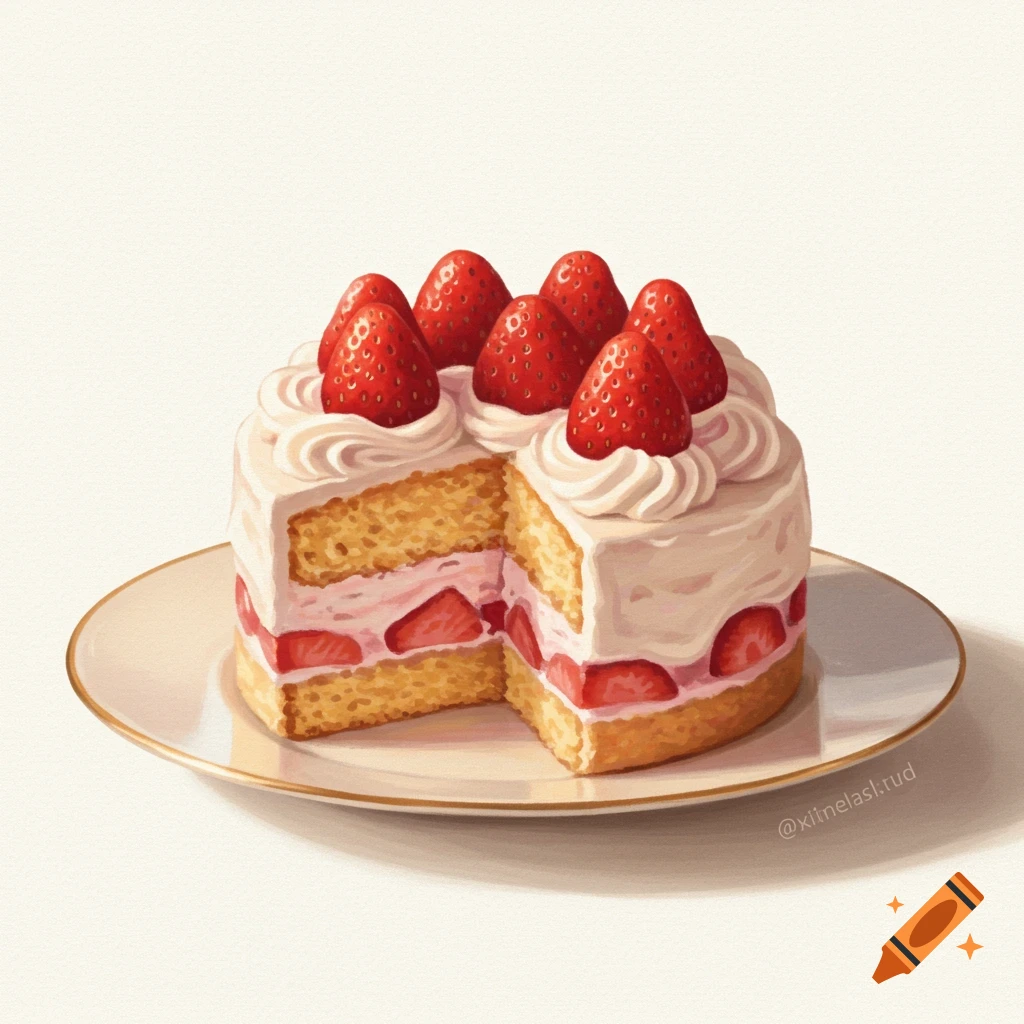 A sliced strawberry shortcake on a plate.