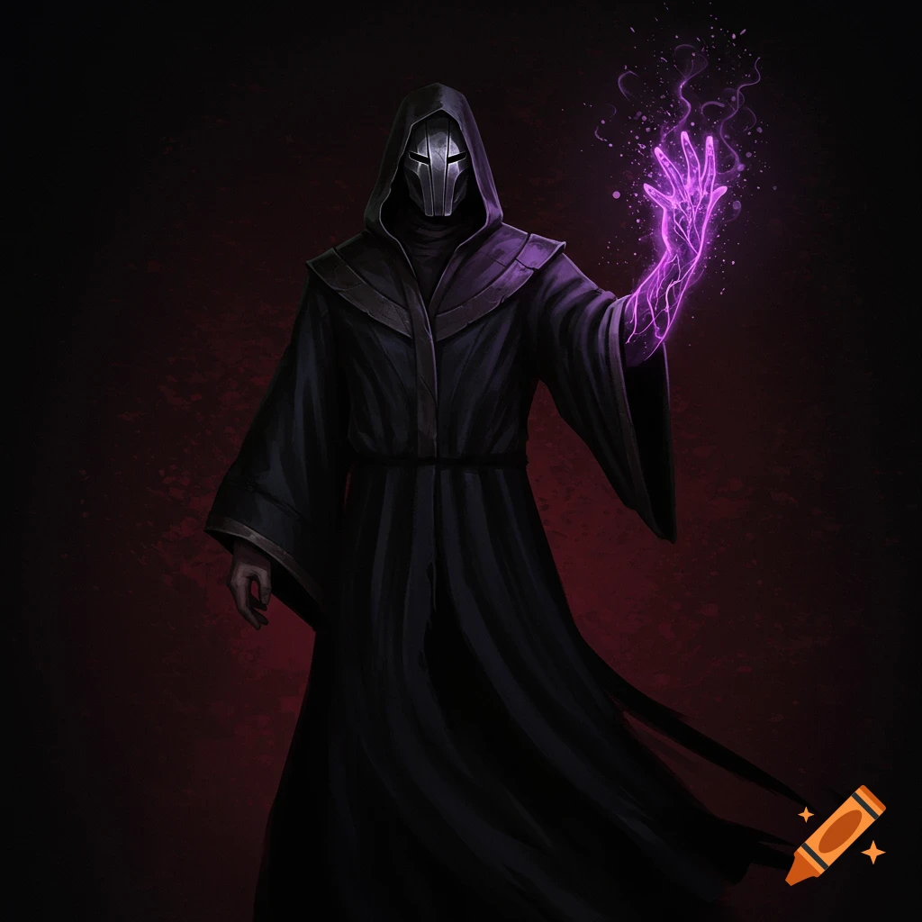A figure in a black robe and iron mask holds glowing purple energy.