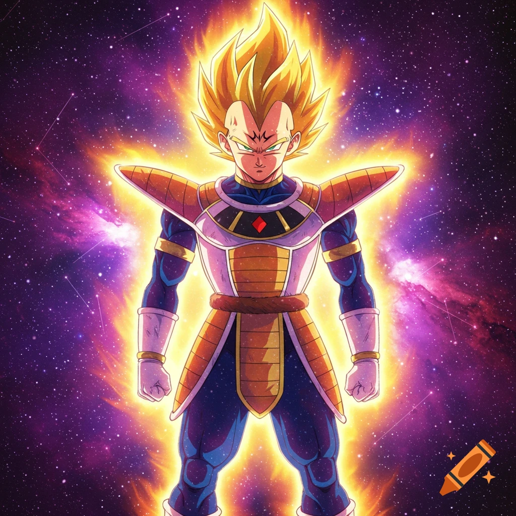 Vegeta powered up in space with a glowing aura.