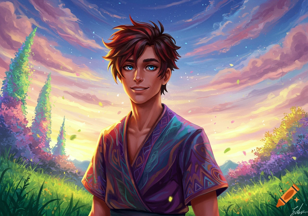 A colorful image of a young man with blue eyes and colorful clothing standing in a flowery field at sunset.