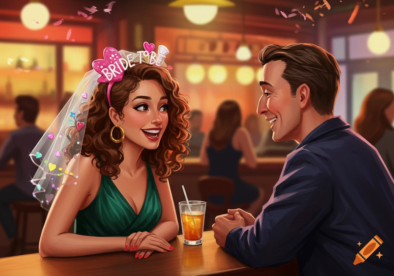 A woman wearing a "Bride to Be" headband and veil, talking to a man at a bar.