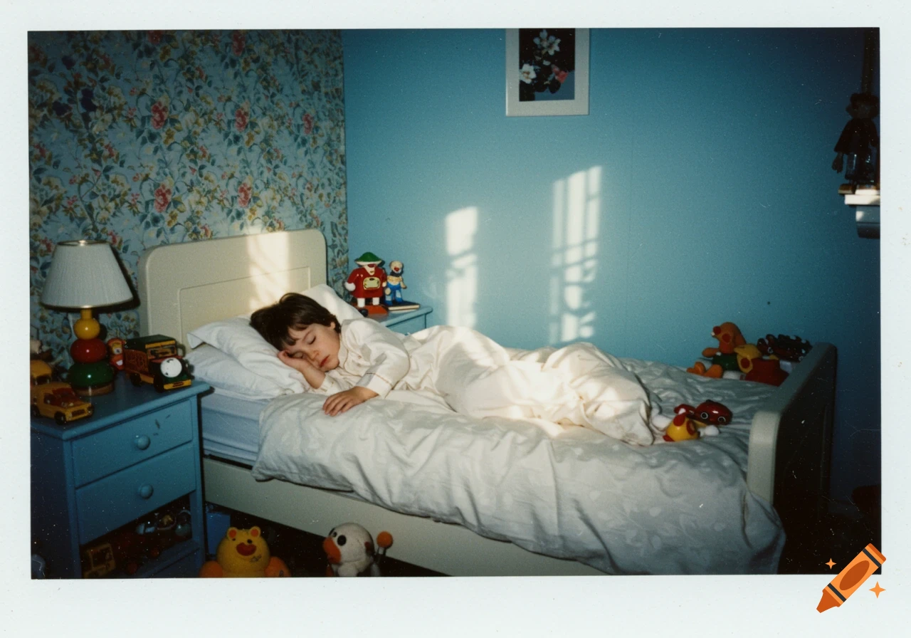 Child sleeping in a bedroom, vintage Polaroid photo style
