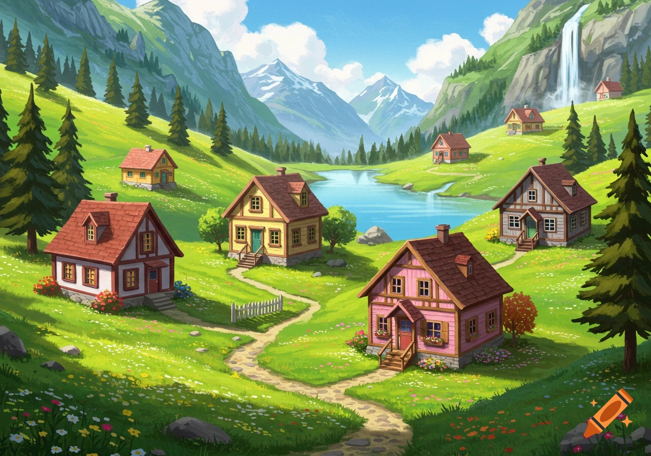 A colorful tiny house village in a lush green valley with mountains, a lake, and a waterfall.