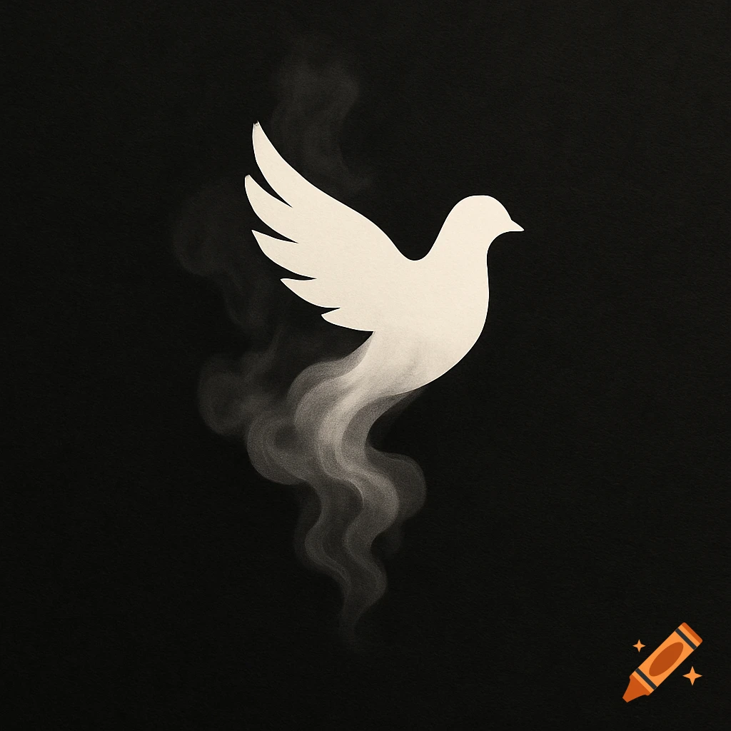 White dove silhouette flying from smoke on a black background.