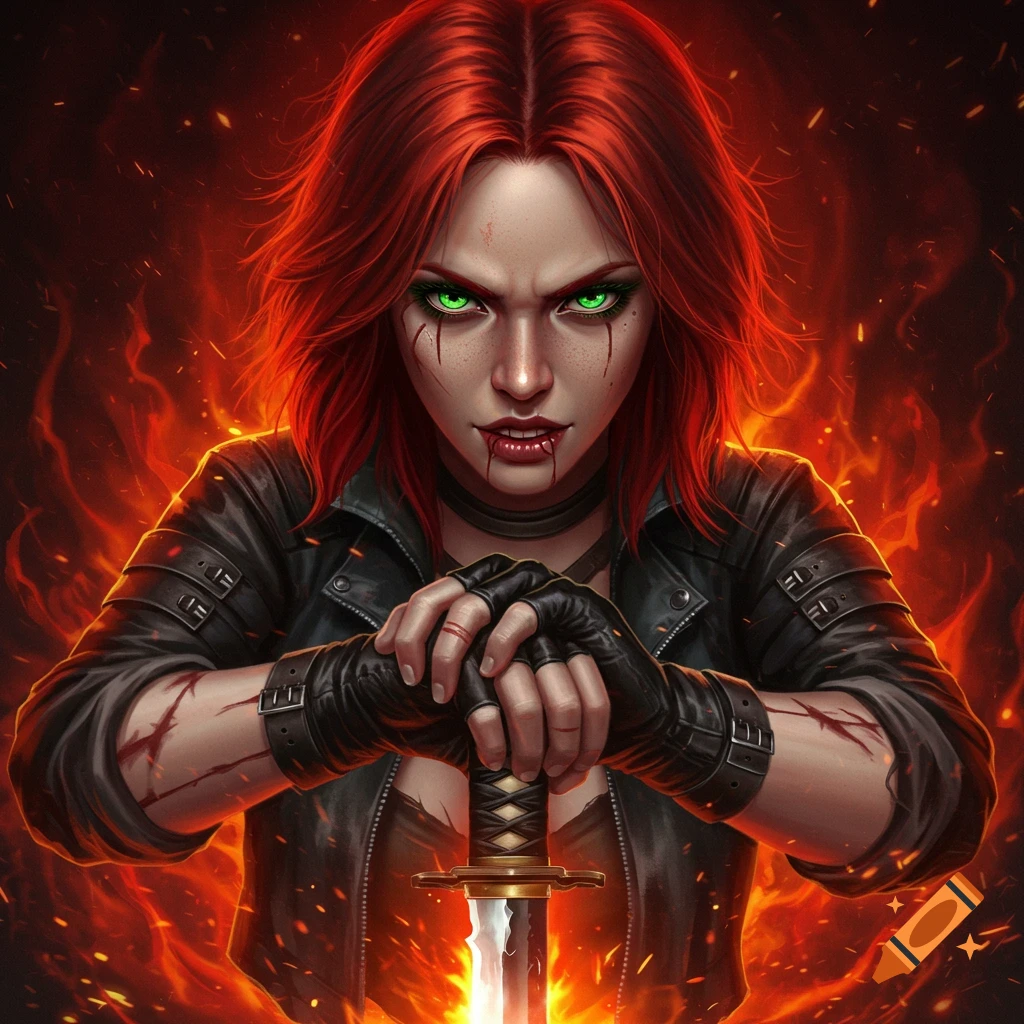 A woman with red hair and green eyes, wearing a leather jacket and holding a sword, stands amidst flames.