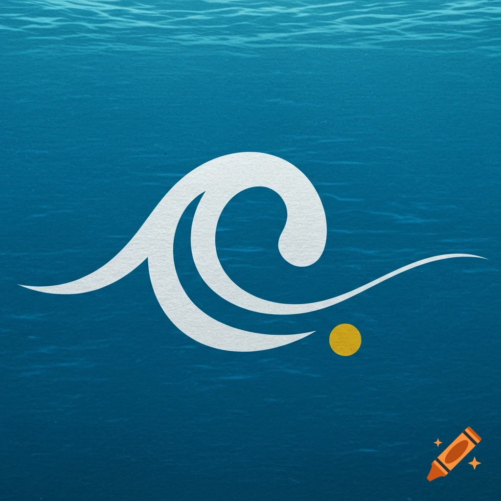 A white stylized wave symbol with a yellow circle beneath it, over a blue water background.