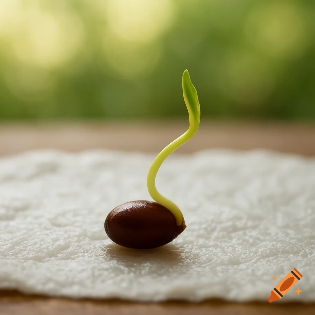 Close-up photograph of a seed germinating with a sprout pushing upwards.