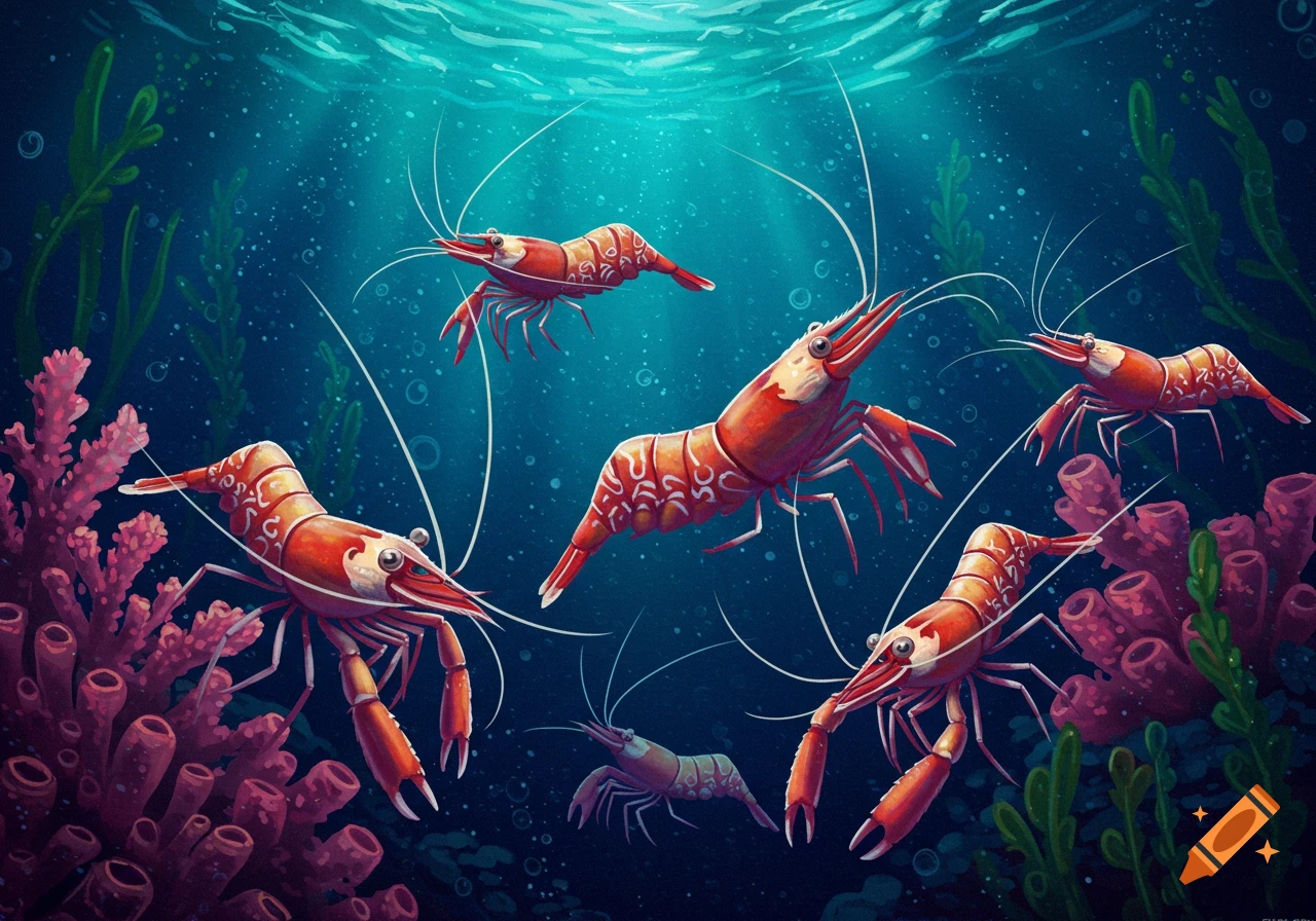Several red shrimp swimming underwater among coral and plants.