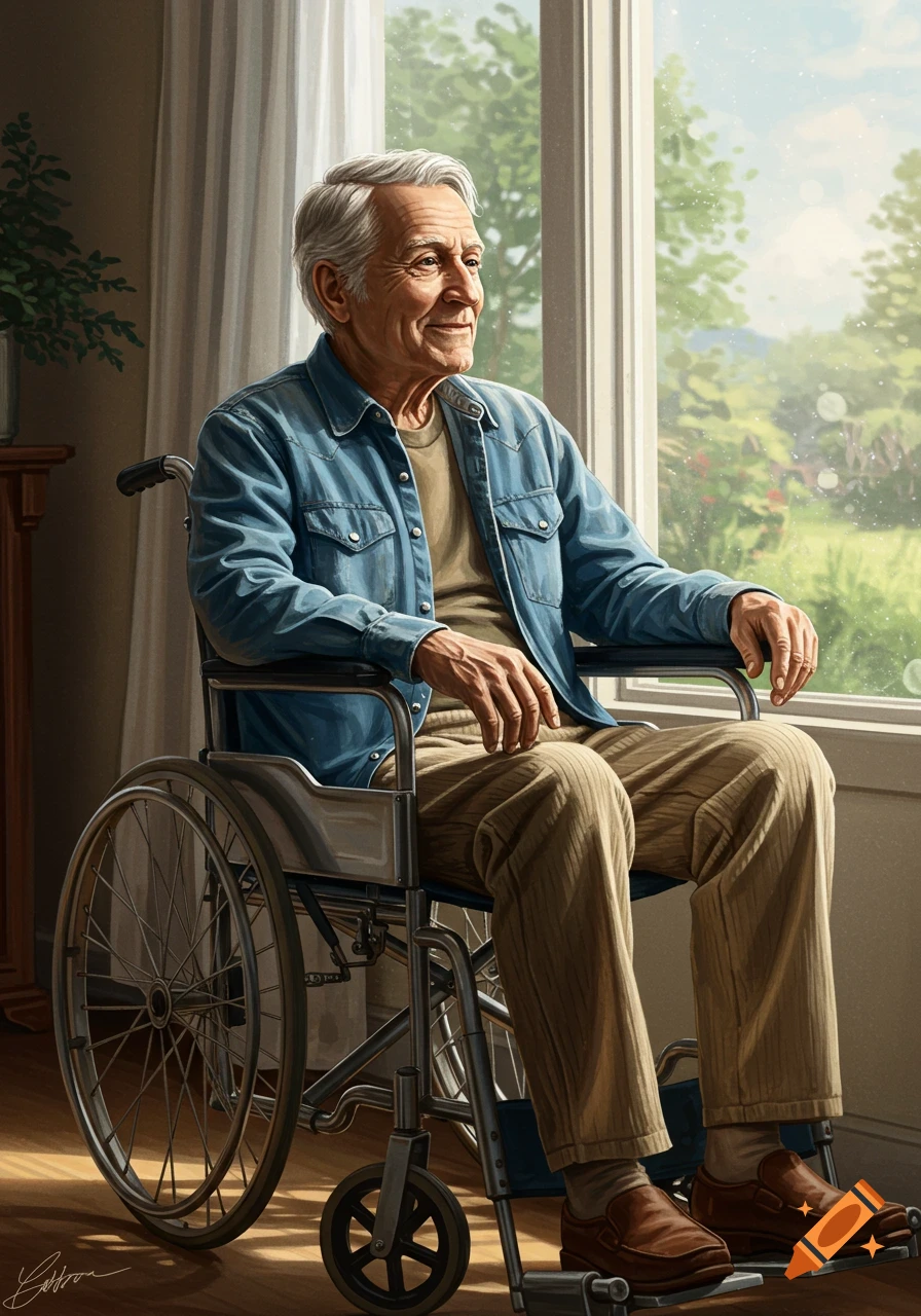 Elderly man in a wheelchair looks out a sunlit window at a garden, digital painting.