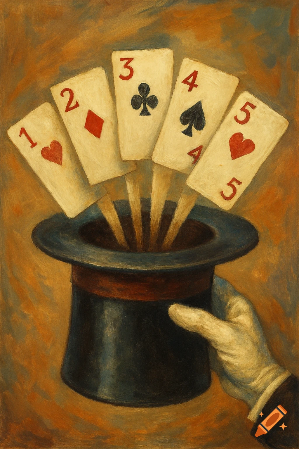 A hand in a glove pulls playing cards 1-5 with hearts, diamond, club, and spade suits from a black top hat in a painting style.