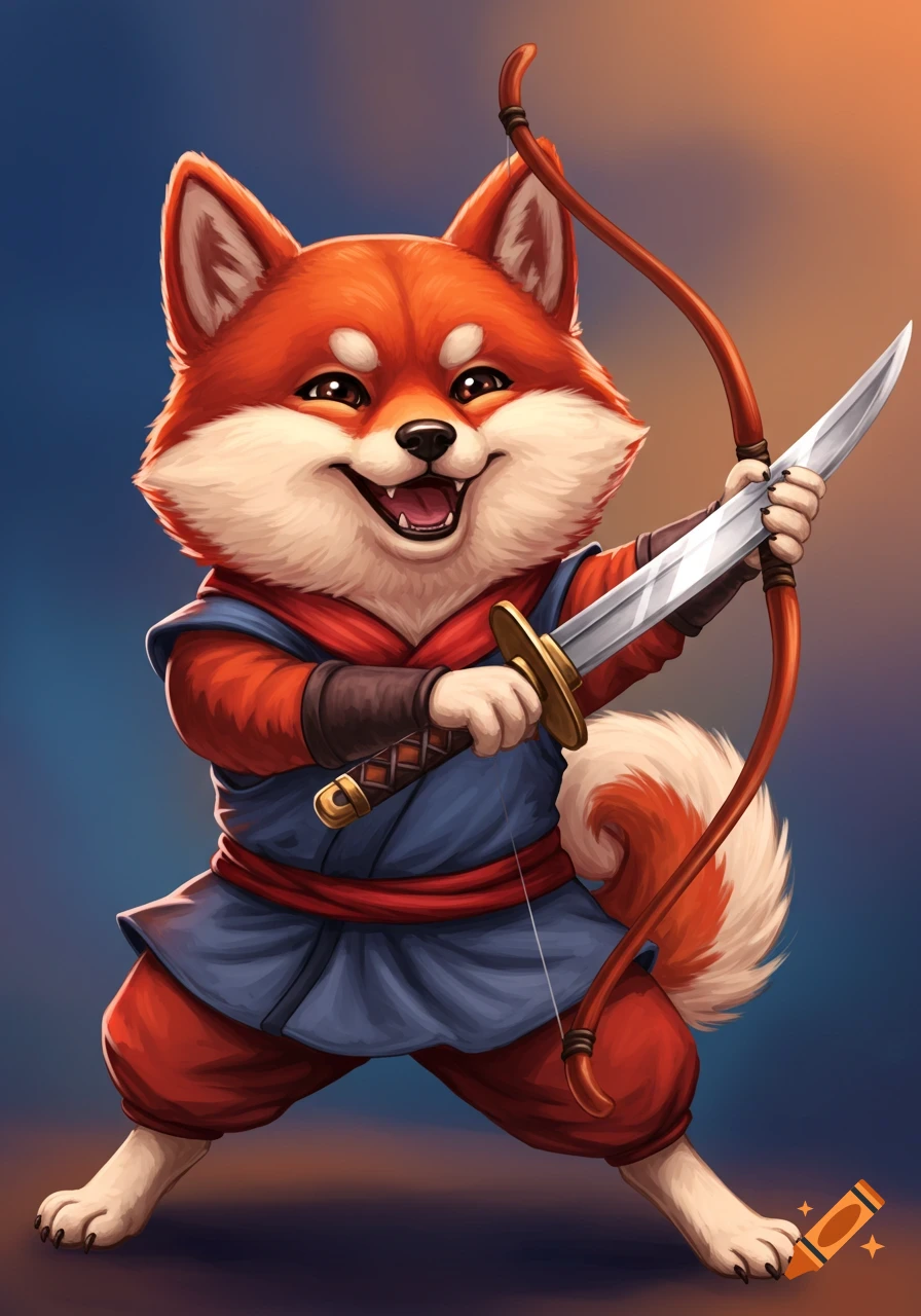 A cartoon Shiba Inu character in fantasy clothing holding a sword and a bow.
