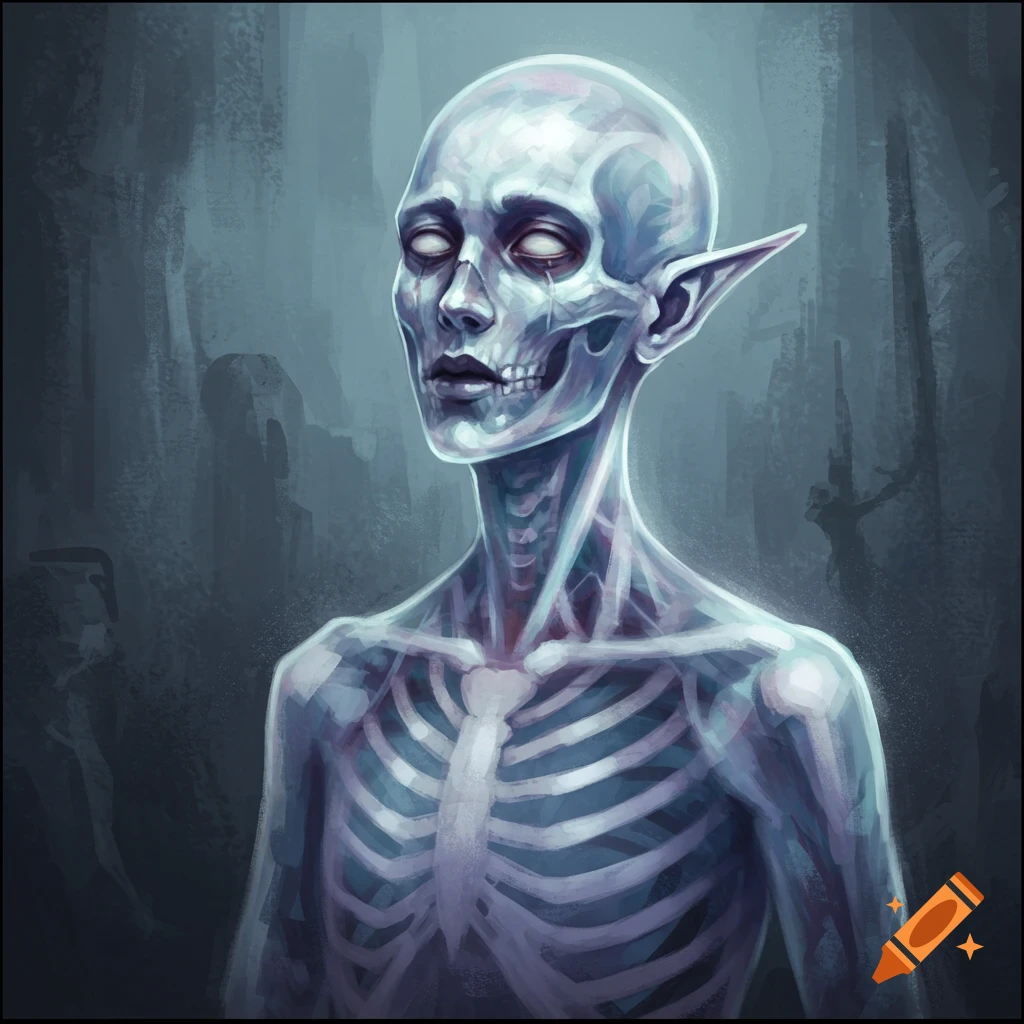 An undead half-elf with see-through skin showing its skeleton.