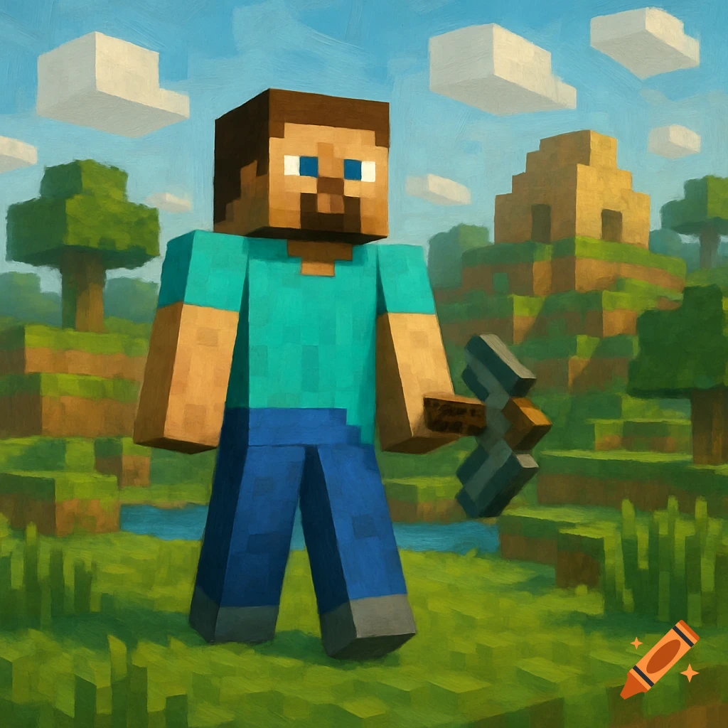 A blocky character resembling Steve from Minecraft holding a pickaxe in a blocky landscape.