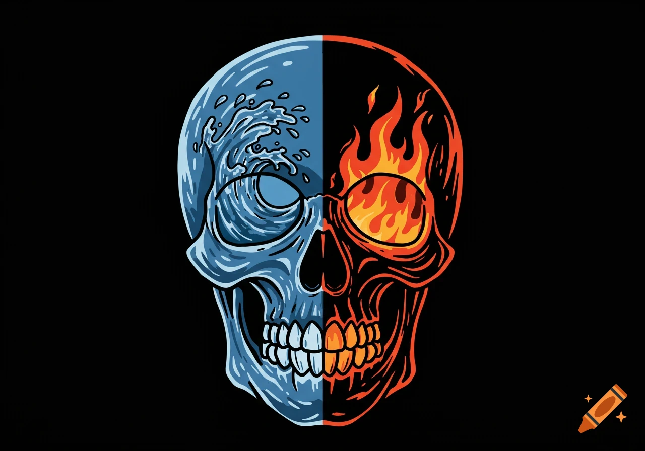 Stylized illustration of a skull split down the middle with blue water on one side and red flames on the other