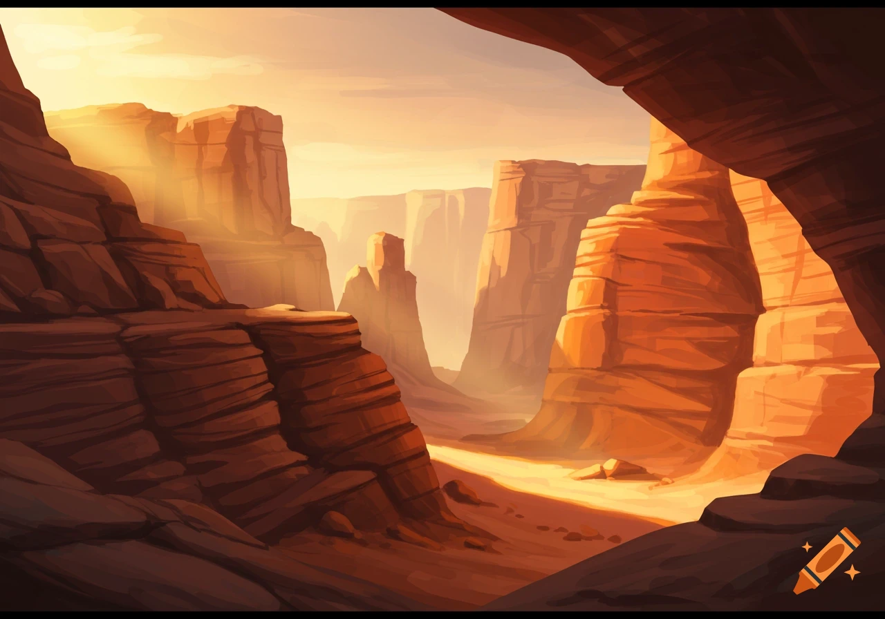 Digital painting of a sunlit canyon landscape
