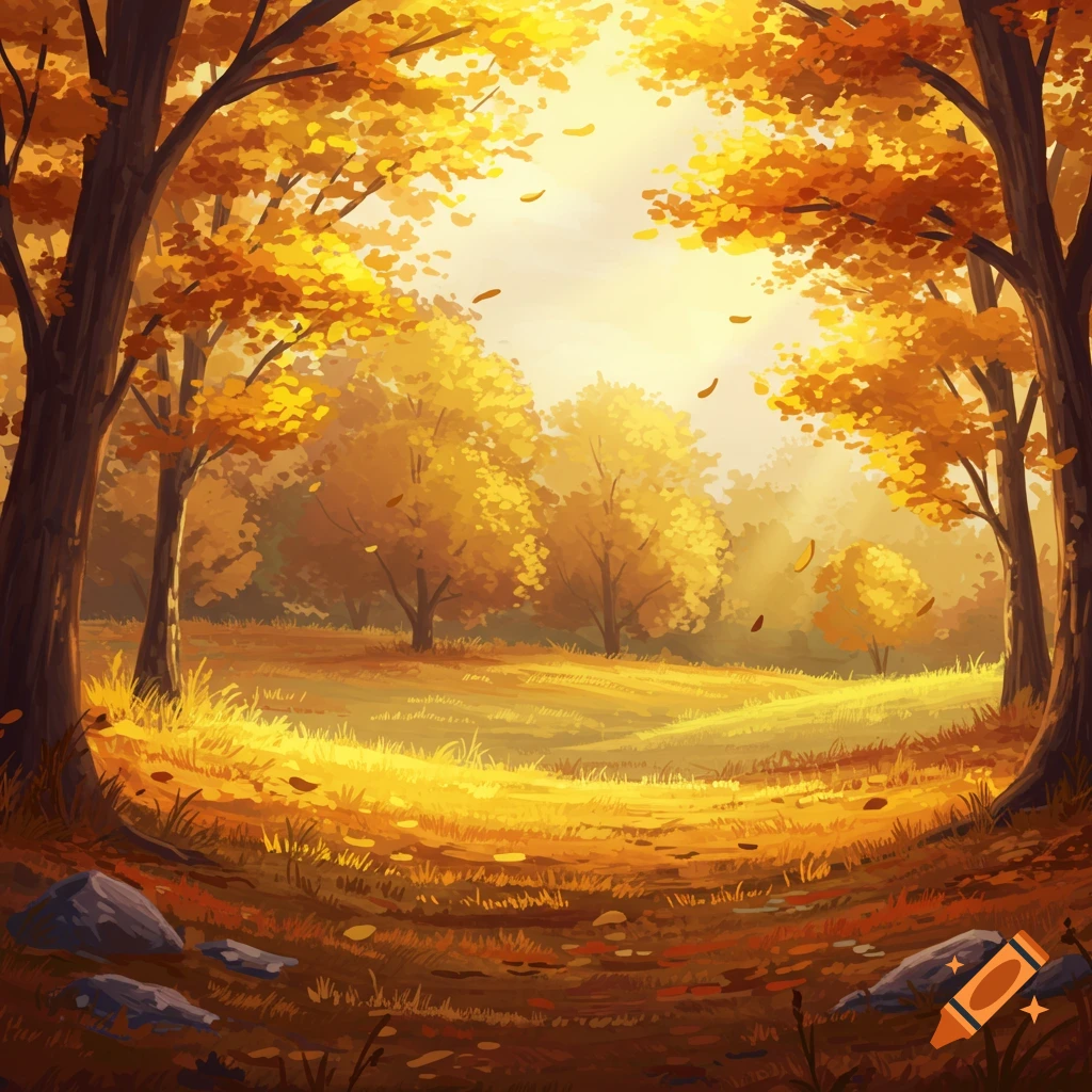 An illustration of a sunny autumn forest path with golden trees and fallen leaves.