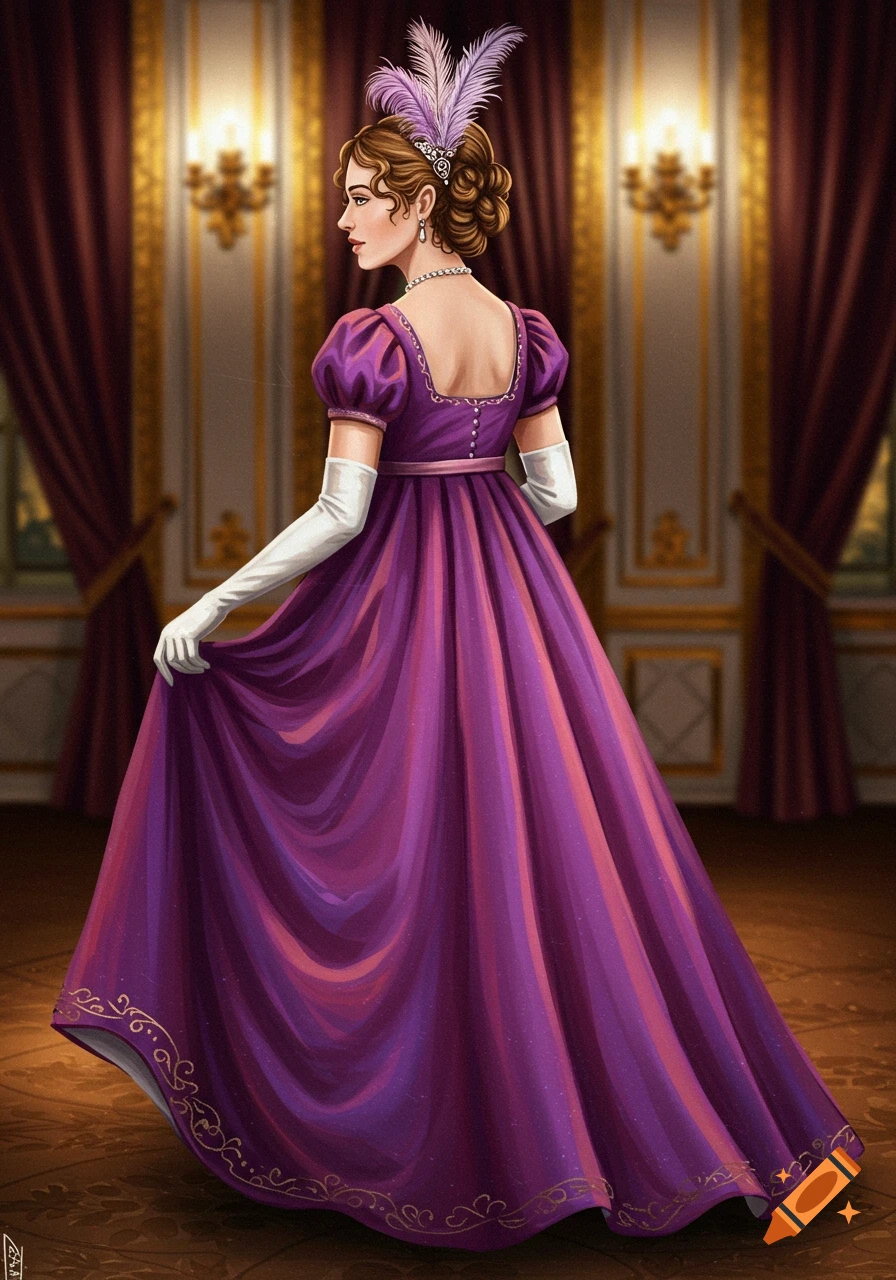 A woman in a purple Regency-era dress is holding her skirt in a grand room.