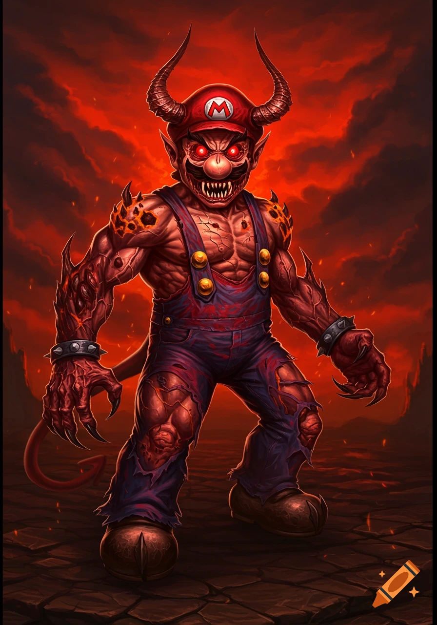 Demonic Mario with horns and claws in a hellish landscape.