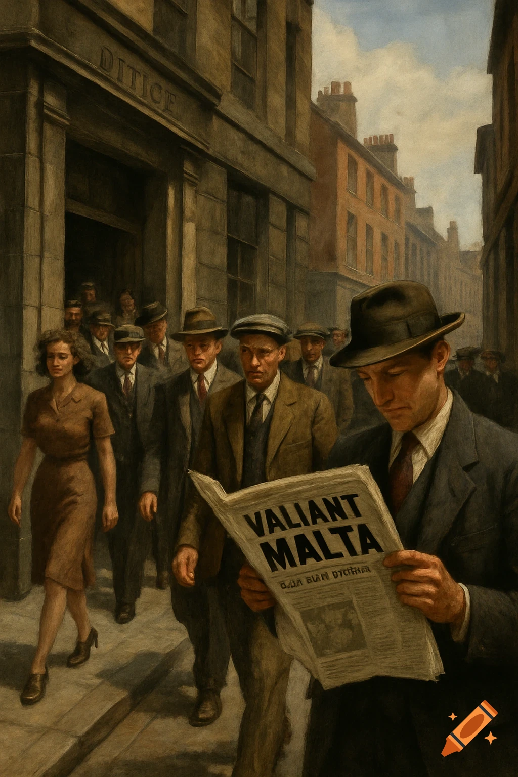 People walking on a street in the 1940s, one man reads a newspaper titled VALIANT MALTA.