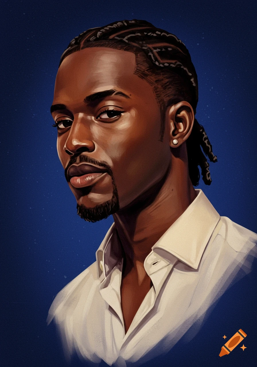 A Black man with braided hair and goatee in a white shirt.