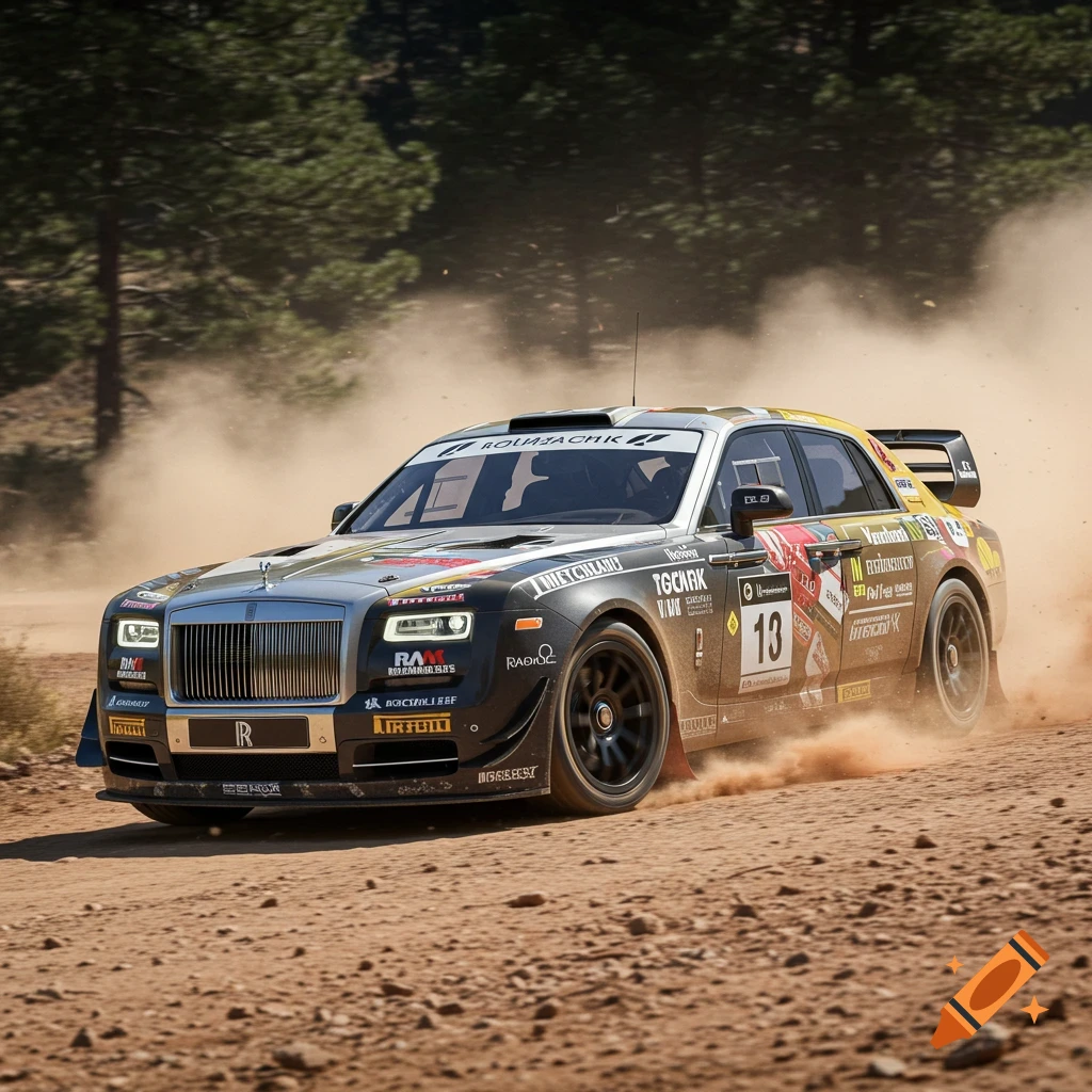Rolls Royce rally car driving on a dirt road kicking up dust
