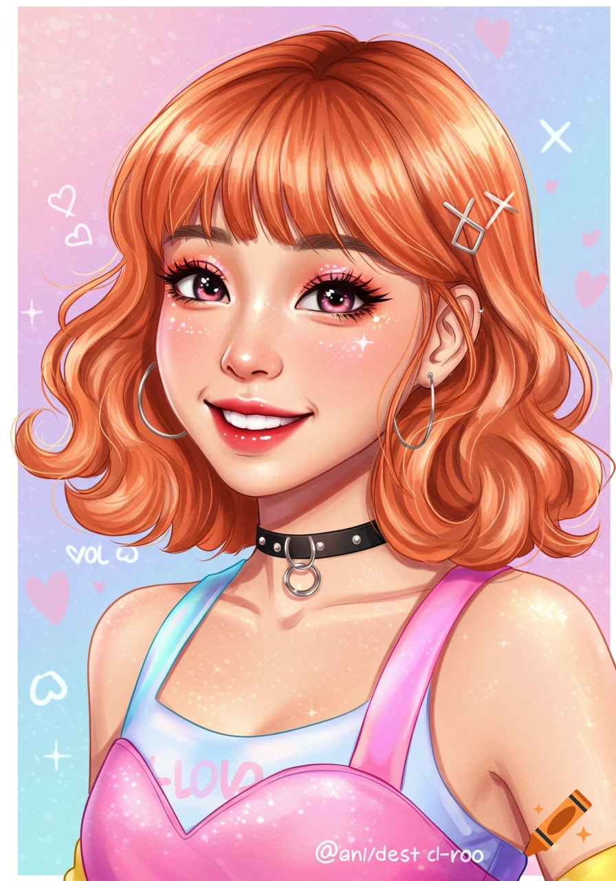 Anime style portrait of a young woman with orange hair.