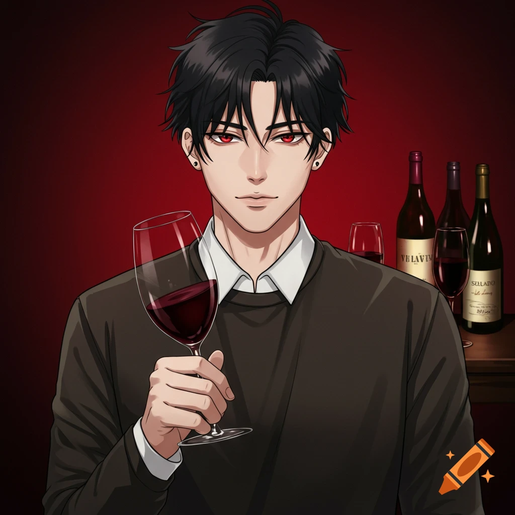 Anime man with red eyes holding a glass of red wine.
