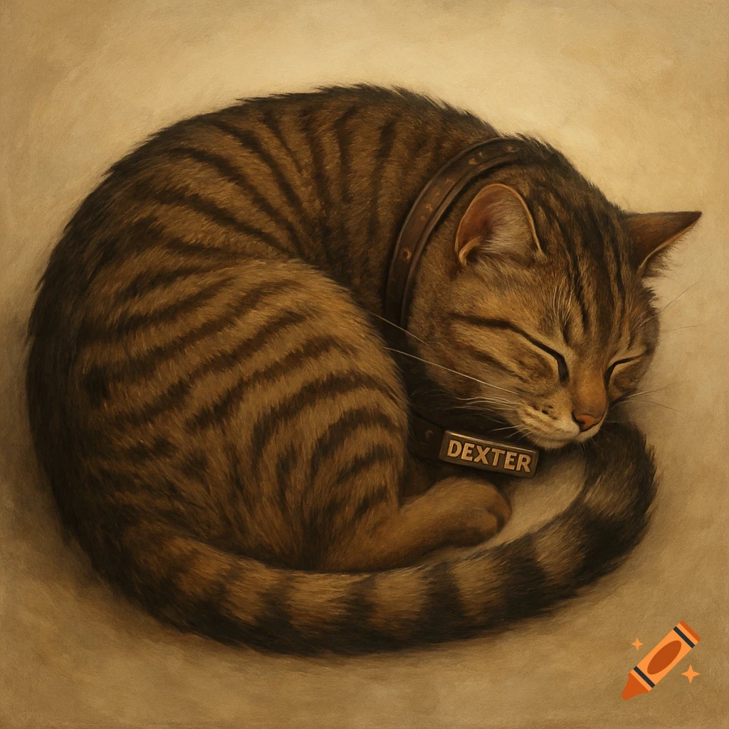 A curled-up tabby cat wearing a collar with the name DEXTER.