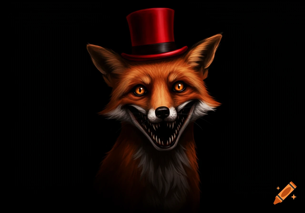 a creepy fox with a red top hat and sharp teeth smiling on a black background.